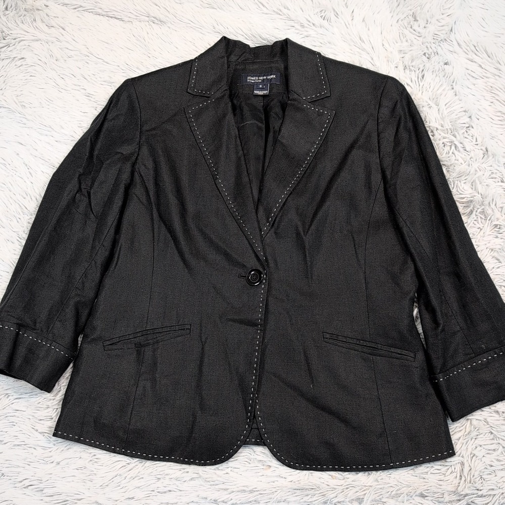Jones New York Jacket Womens 8 Black Blazer Linen Blend Pockets Button Preppy